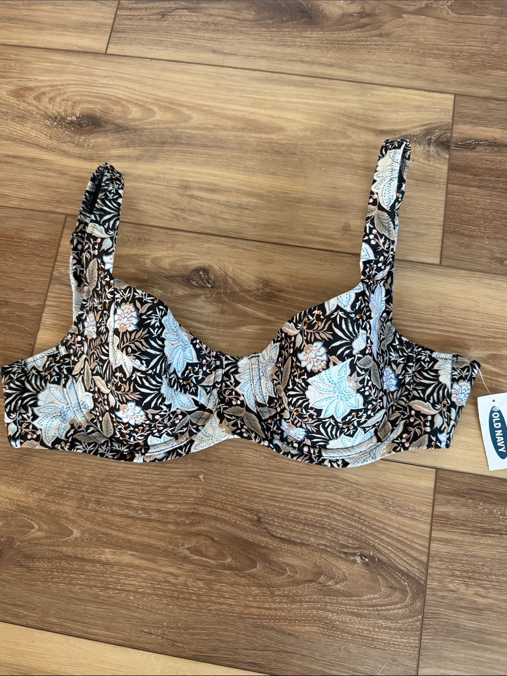 Old Navy Black Floral Bikini Top with Cream and Light Blue Accents